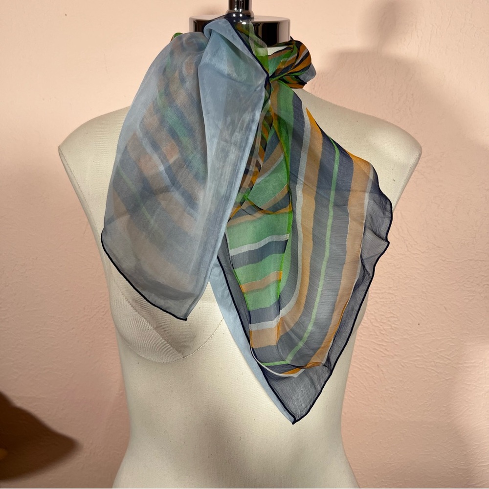 Vintage semi sheer striped Mod Green Blue Square Neck Scarf